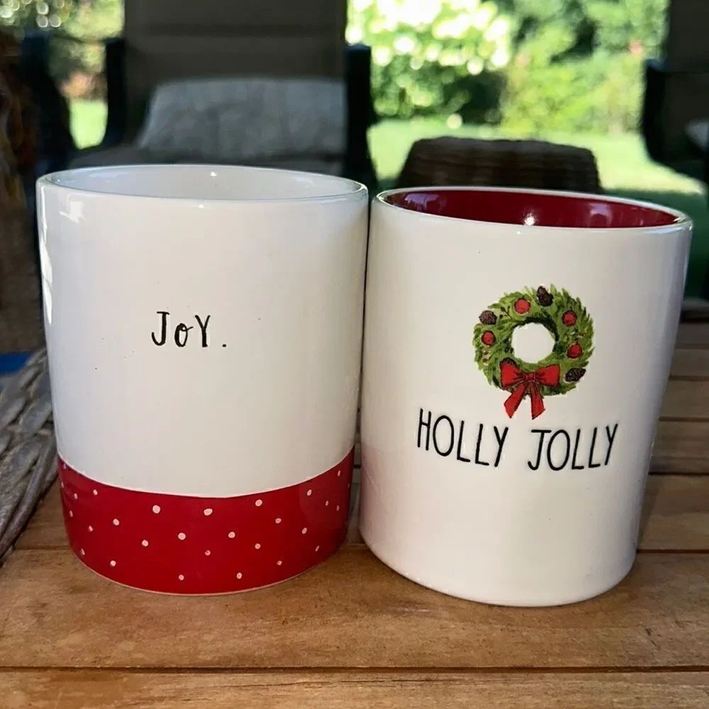 Rae Dunn Holly Jolly, Joy Christmas Mugs Bundle (2)